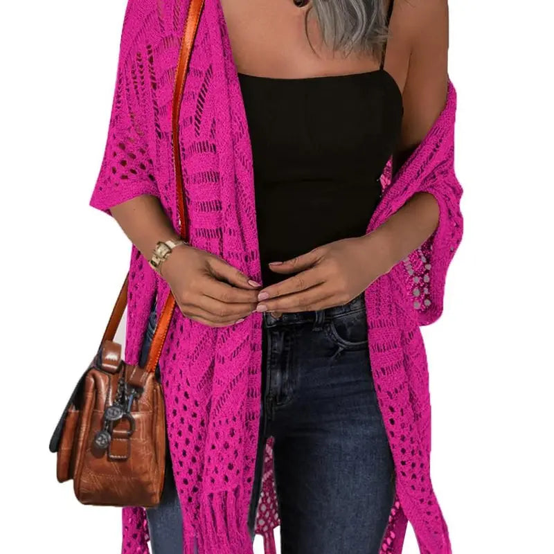 💖Women’s Oversized Knit Cardigan | Open Front Hollow Out Crochet Tassel Lightweight Summer Kimono