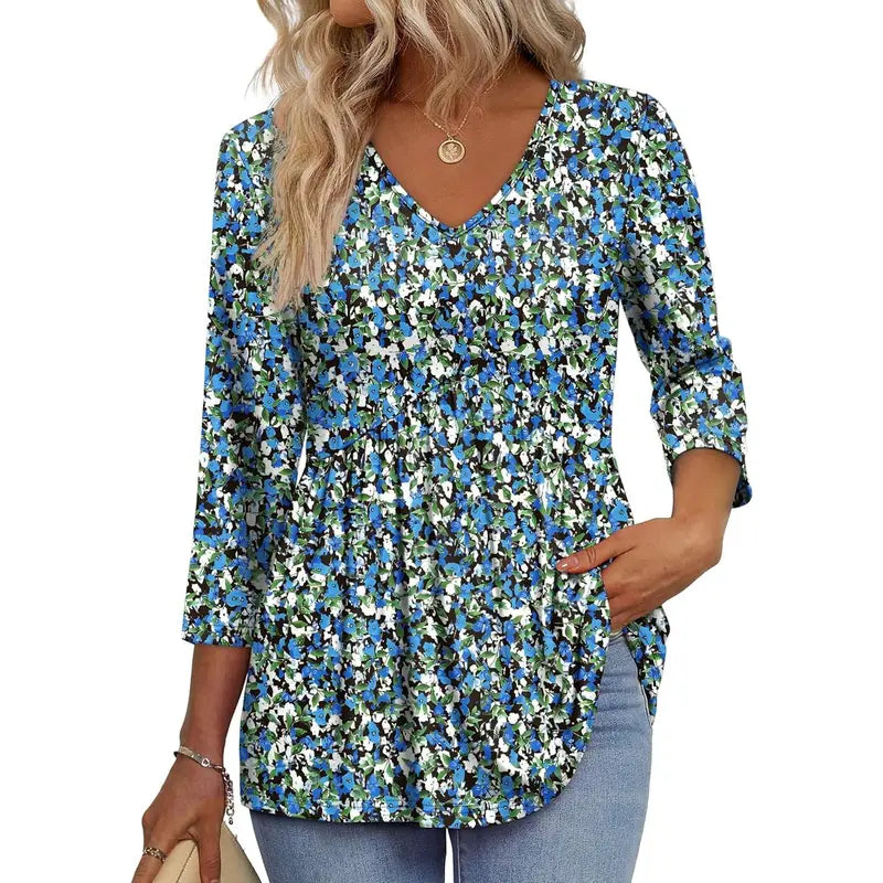 ✨Women's 3/4 Sleeve V-Neck Babydoll Blouse – Loose Fit Dressy Casual Top