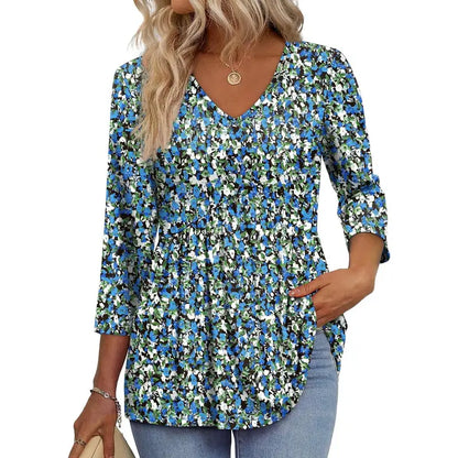 ✨Women's 3/4 Sleeve V-Neck Babydoll Blouse – Loose Fit Dressy Casual Top