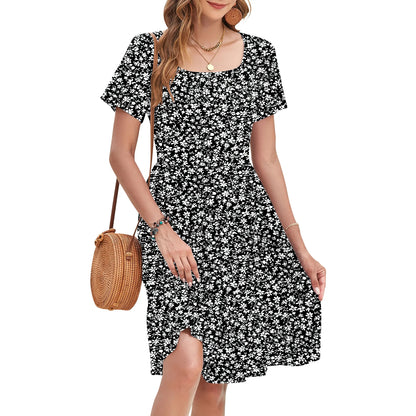 Women Square Neck Ditsy Floral Dress, Ruffle Empire Waist A-Line Sundress With Pockets