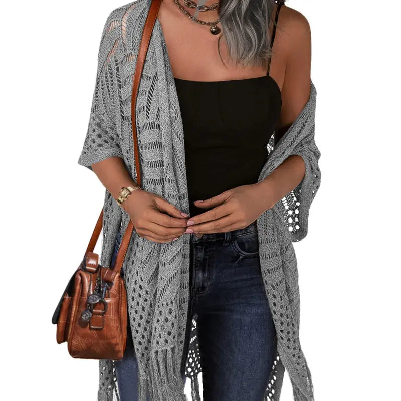 💖Women’s Oversized Knit Cardigan | Open Front Hollow Out Crochet Tassel Lightweight Summer Kimono