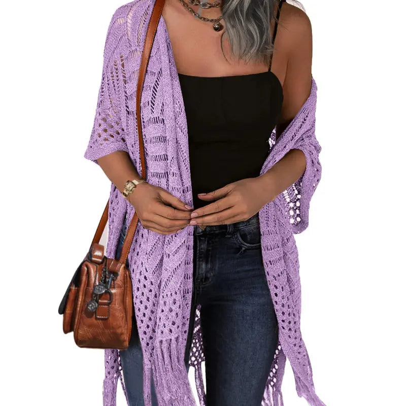 💖Women’s Oversized Knit Cardigan | Open Front Hollow Out Crochet Tassel Lightweight Summer Kimono