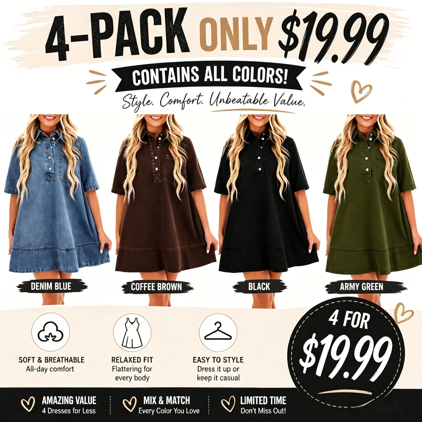 Women's Denim Shirt Mini Dress - Short Sleeve A-Line Swing Fit with Button Half-Placket and Chest Pocket