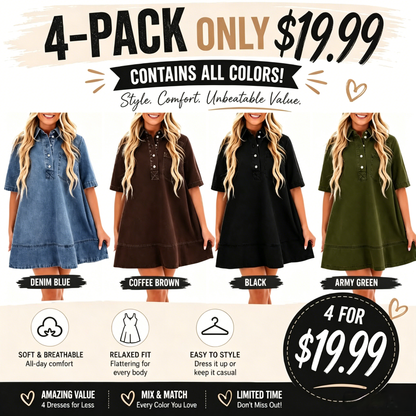 Women's Denim Shirt Mini Dress - Short Sleeve A-Line Swing Fit with Button Half-Placket and Chest Pocket