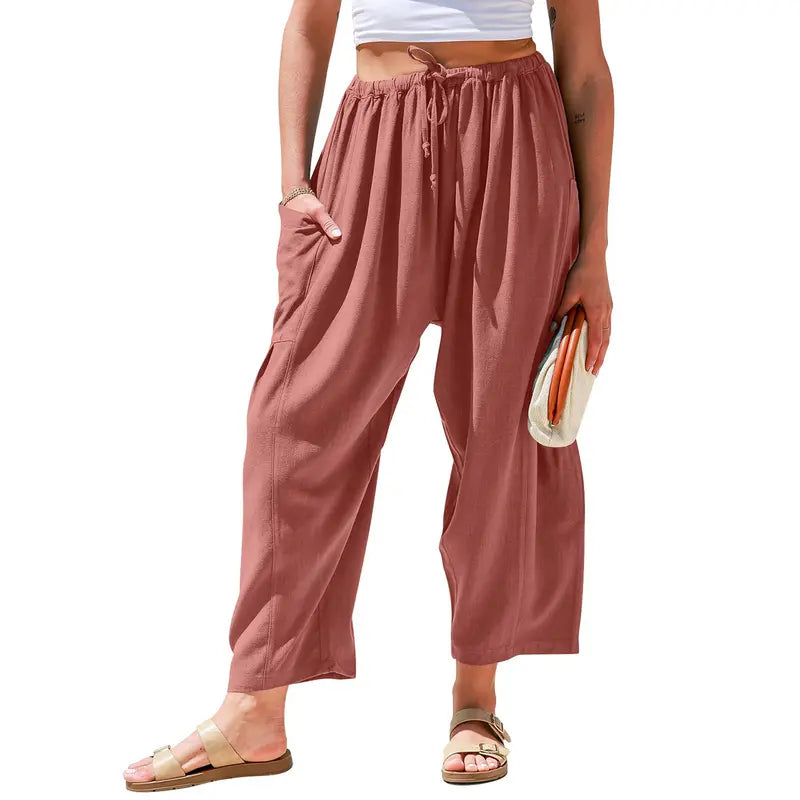 New Hot 2026🔥Women's Linen Wide Leg Pants Casual Loose Drawstring Low Waist with Pockets