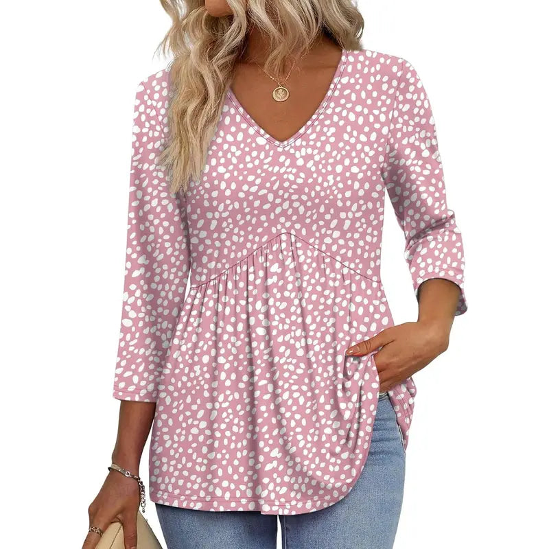 ✨Women's 3/4 Sleeve V-Neck Babydoll Blouse – Loose Fit Dressy Casual Top