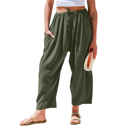 New Hot 2026🔥Women's Linen Wide Leg Pants Casual Loose Drawstring Low Waist with Pockets