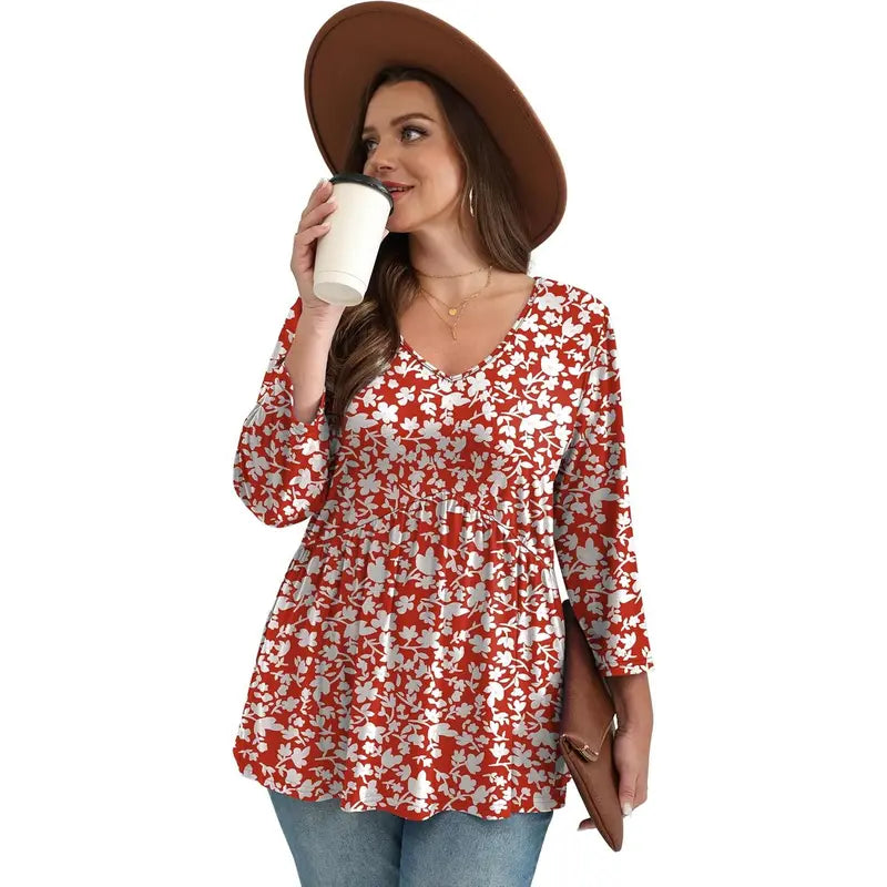 ✨Women's 3/4 Sleeve V-Neck Babydoll Blouse – Loose Fit Dressy Casual Top