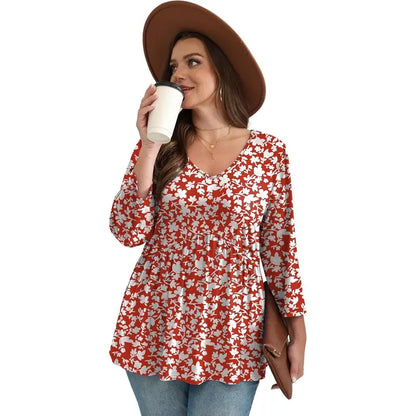 ✨Women's 3/4 Sleeve V-Neck Babydoll Blouse – Loose Fit Dressy Casual Top