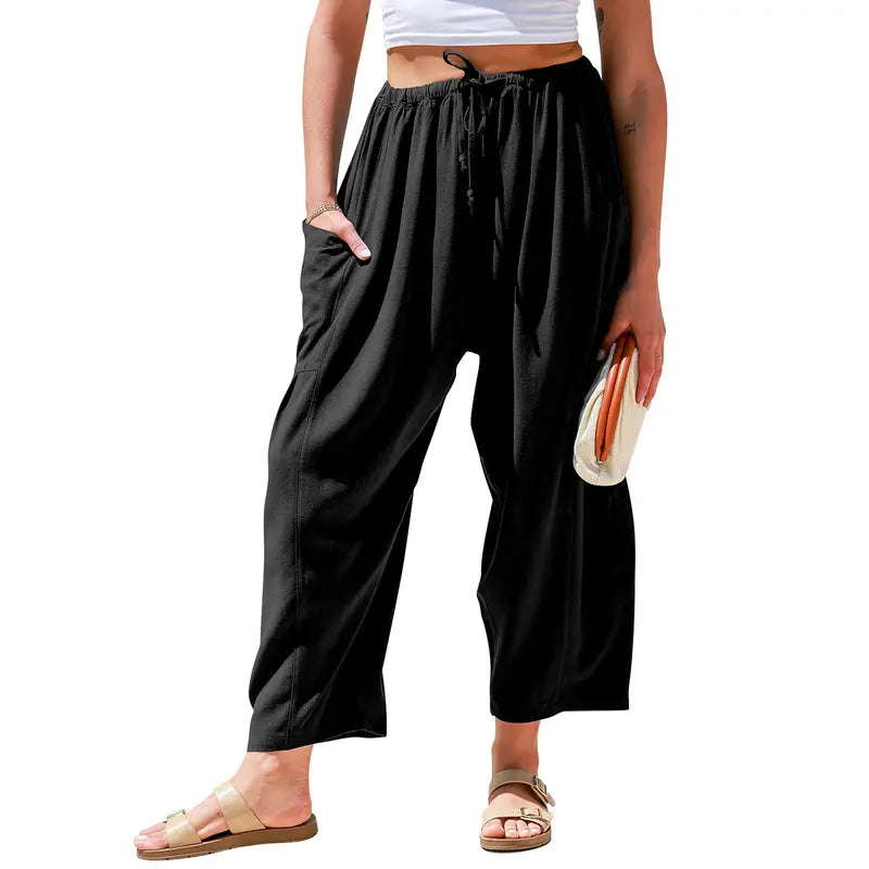 New Hot 2026🔥Women's Linen Wide Leg Pants Casual Loose Drawstring Low Waist with Pockets