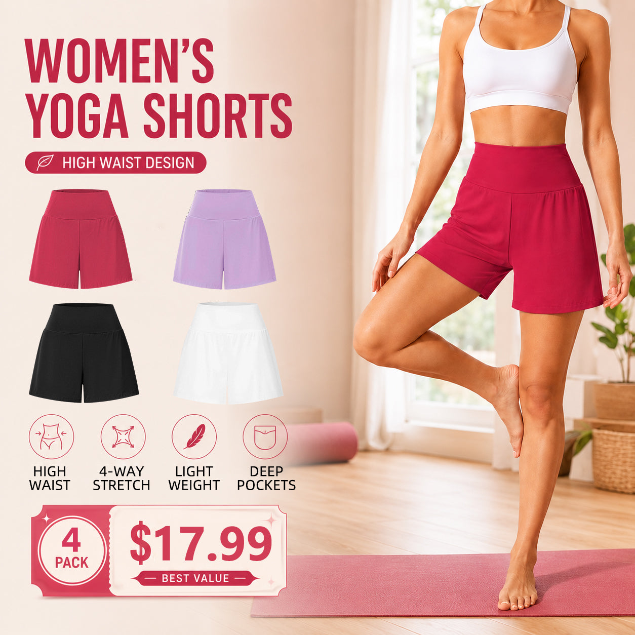 Women's Ultra-High-Rise 2-in-1 Cooling Yoga Shorts (7-inch, with pockets)