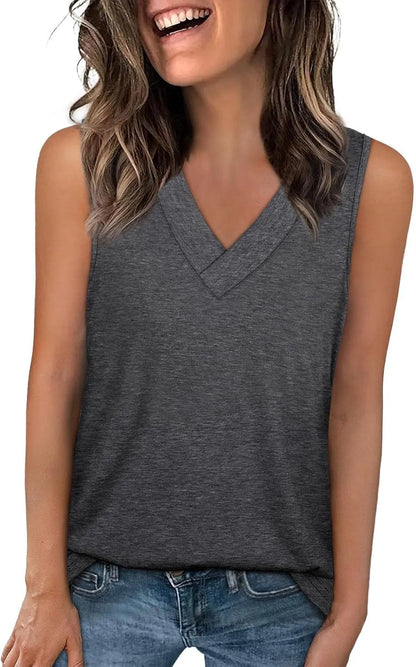 🔥Women Summer V Neck T Shirts Trendy Sleeveless Basic Tee Loose Fit 2026 Fashion