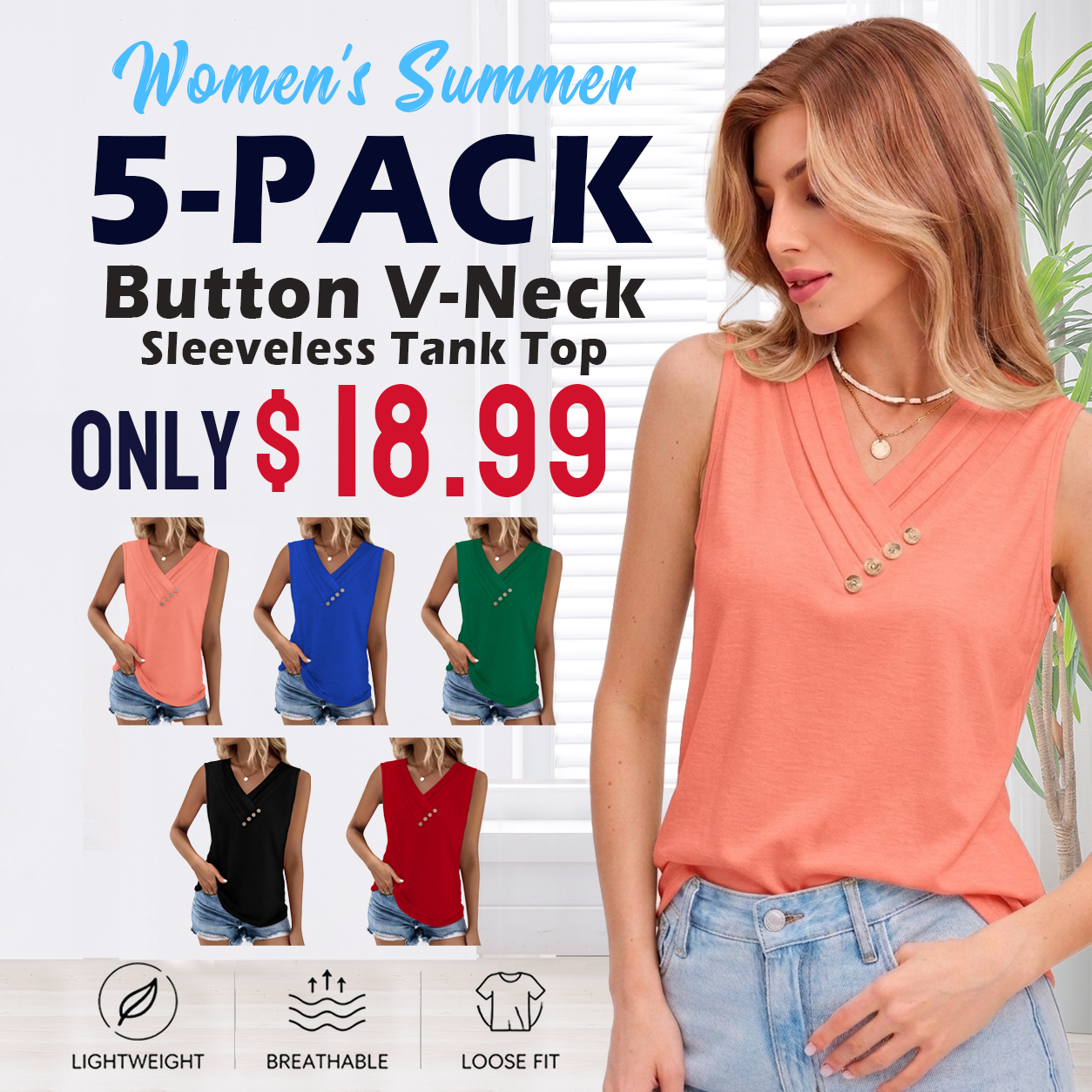 Women Summer Button Down V Neck T Shirts Sleeveless Loose Fit Fashion Tops