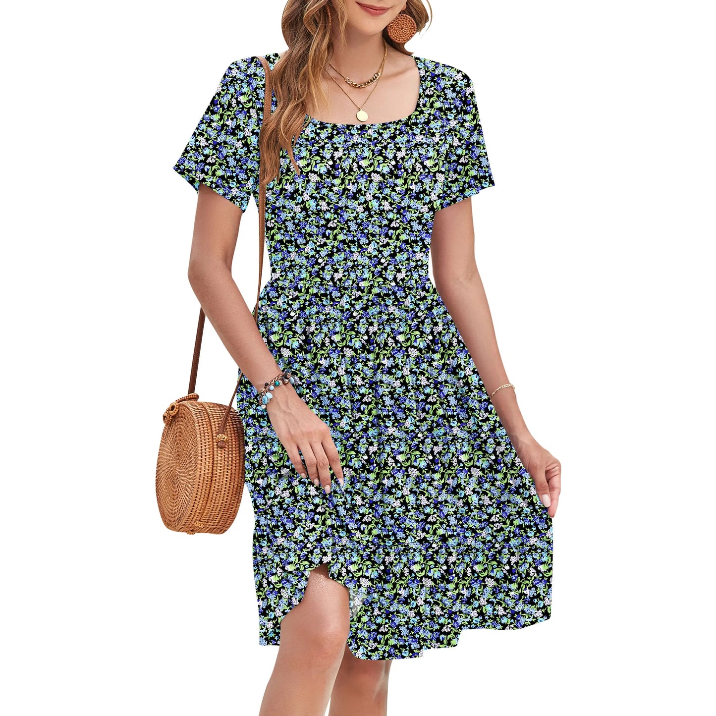 Women Square Neck Ditsy Floral Dress, Ruffle Empire Waist A-Line Sundress With Pockets