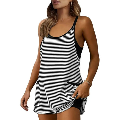 Women's Summer Sleeveless 4th Of July Striped Mini Dress with Built-in Shorts V Neck Spaghetti Straps Athletic Shorts Tennis Dress with Pockets
