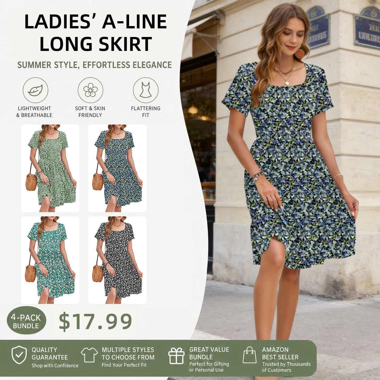 Women Square Neck Ditsy Floral Dress, Ruffle Empire Waist A-Line Sundress With Pockets
