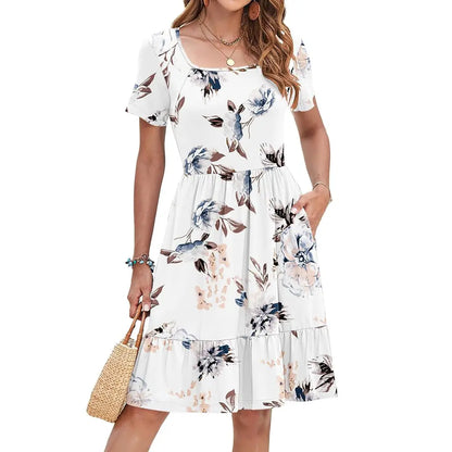 Women Square Neck Ditsy Floral Dress, Ruffle Empire Waist A-Line Sundress With Pockets