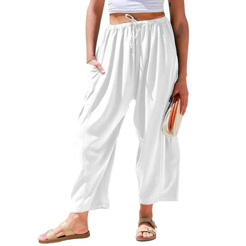New Hot 2026🔥Women's Linen Wide Leg Pants Casual Loose Drawstring Low Waist with Pockets