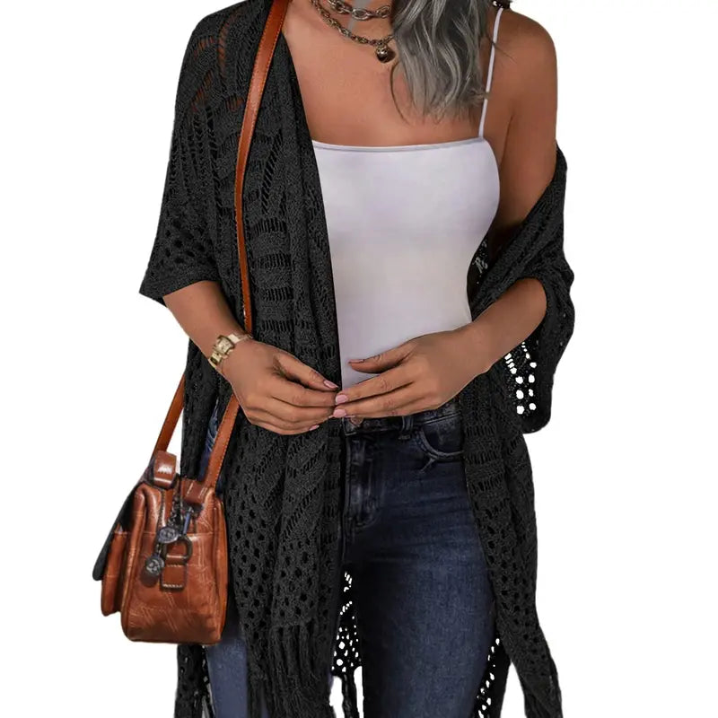 💖Women’s Oversized Knit Cardigan | Open Front Hollow Out Crochet Tassel Lightweight Summer Kimono