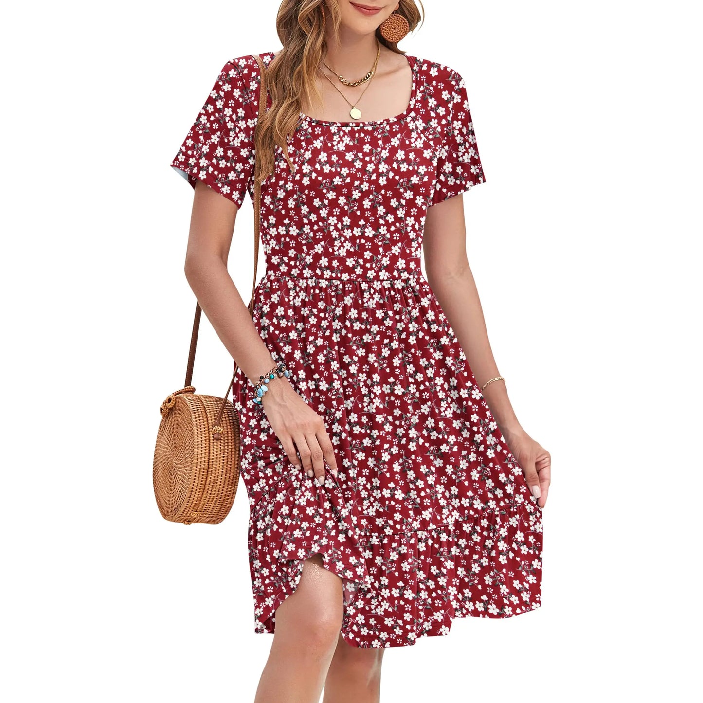 Women Square Neck Ditsy Floral Dress, Ruffle Empire Waist A-Line Sundress With Pockets