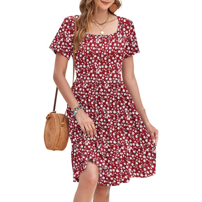 Women Square Neck Ditsy Floral Dress, Ruffle Empire Waist A-Line Sundress With Pockets