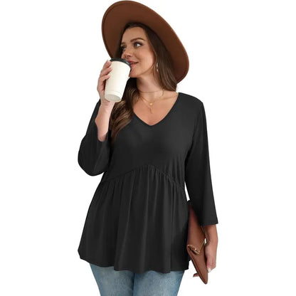 ✨Women's 3/4 Sleeve V-Neck Babydoll Blouse – Loose Fit Dressy Casual Top