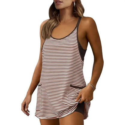 Women's Summer Sleeveless 4th Of July Striped Mini Dress with Built-in Shorts V Neck Spaghetti Straps Athletic Shorts Tennis Dress with Pockets