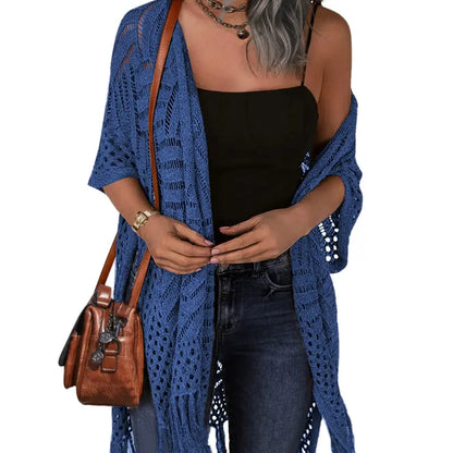 💖Women’s Oversized Knit Cardigan | Open Front Hollow Out Crochet Tassel Lightweight Summer Kimono