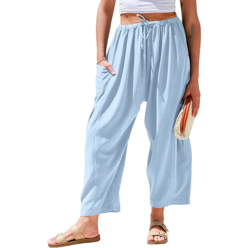 New Hot 2026🔥Women's Linen Wide Leg Pants Casual Loose Drawstring Low Waist with Pockets