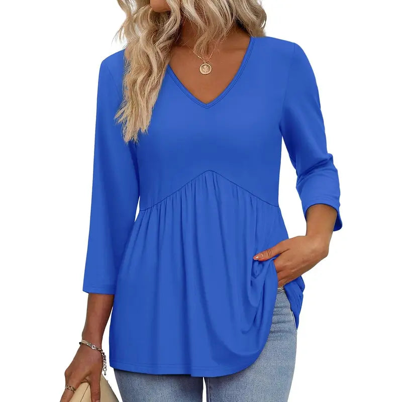 ✨Women's 3/4 Sleeve V-Neck Babydoll Blouse – Loose Fit Dressy Casual Top