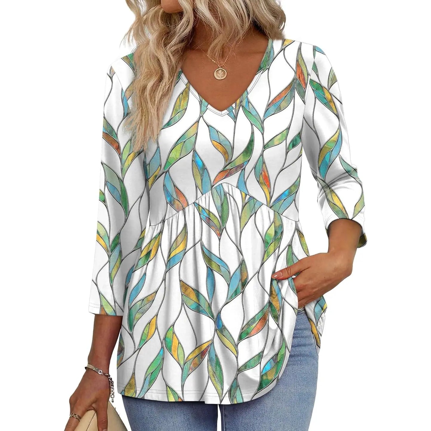 ✨Women's 3/4 Sleeve V-Neck Babydoll Blouse – Loose Fit Dressy Casual Top