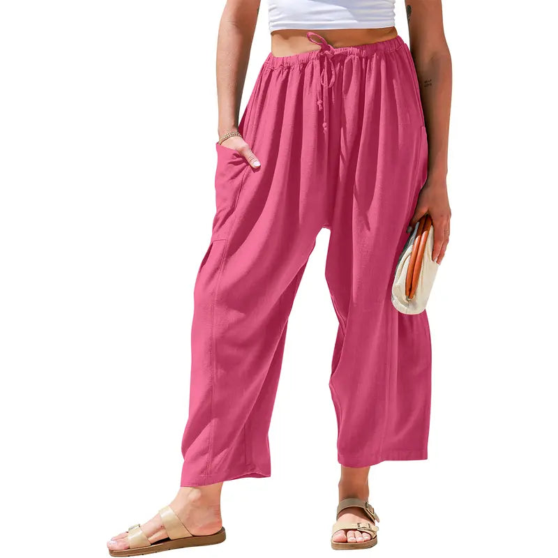New Hot 2026🔥Women's Linen Wide Leg Pants Casual Loose Drawstring Low Waist with Pockets