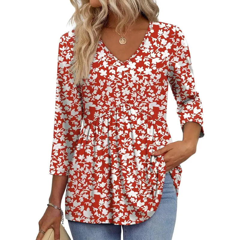 ✨Women's 3/4 Sleeve V-Neck Babydoll Blouse – Loose Fit Dressy Casual Top