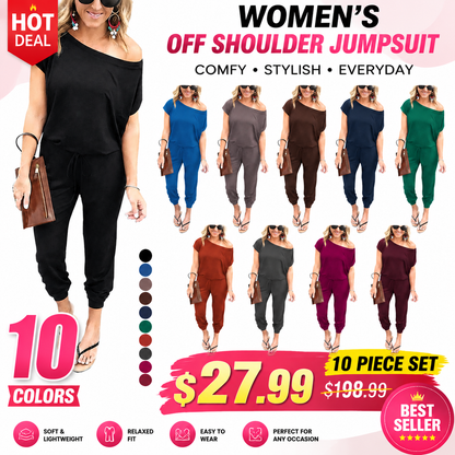 🔥Women’s Off Shoulder Jumpsuit Plus Size S–6XL – Loose Fit Elastic Waist Casual Romper