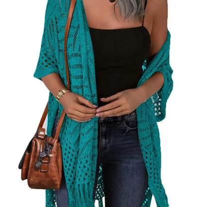 💖Women’s Oversized Knit Cardigan | Open Front Hollow Out Crochet Tassel Lightweight Summer Kimono