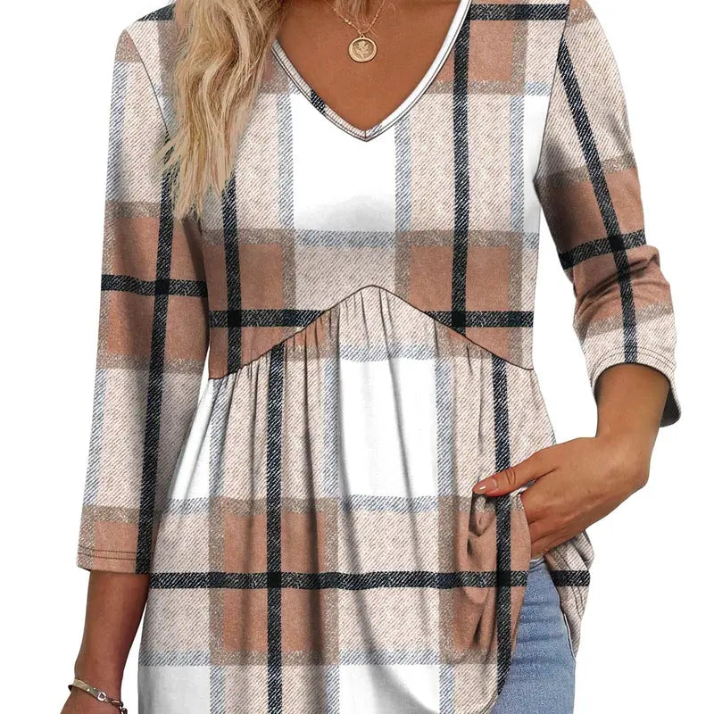 ✨Women's 3/4 Sleeve V-Neck Babydoll Blouse – Loose Fit Dressy Casual Top