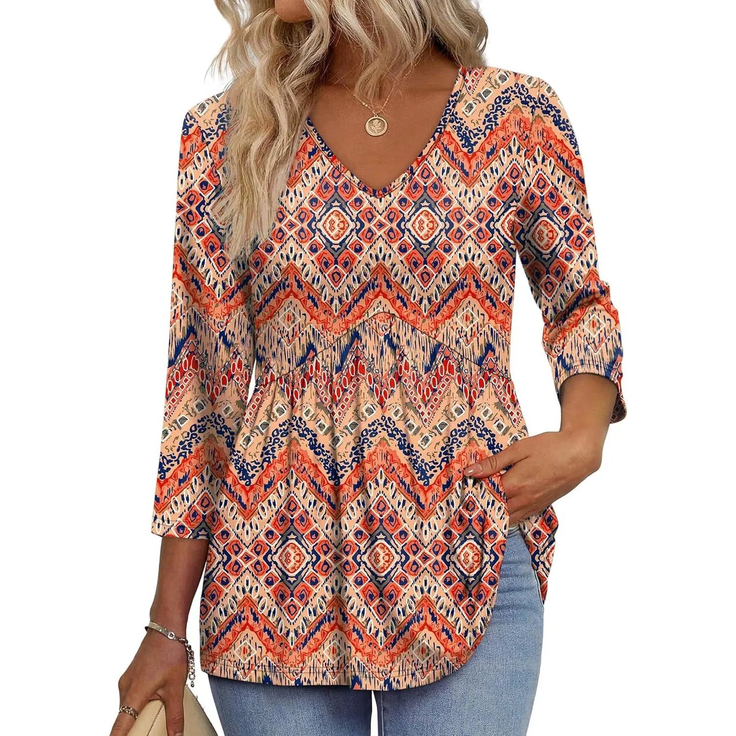 ✨Women's 3/4 Sleeve V-Neck Babydoll Blouse – Loose Fit Dressy Casual Top