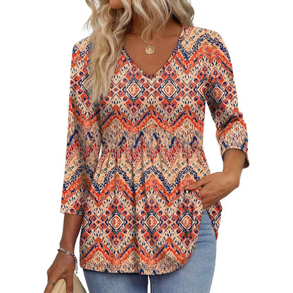 ✨Women's 3/4 Sleeve V-Neck Babydoll Blouse – Loose Fit Dressy Casual Top