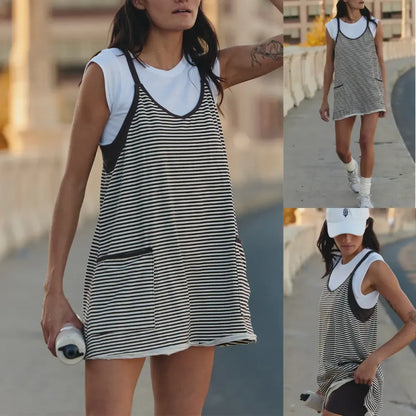 Women's Summer Sleeveless 4th Of July Striped Mini Dress with Built-in Shorts V Neck Spaghetti Straps Athletic Shorts Tennis Dress with Pockets