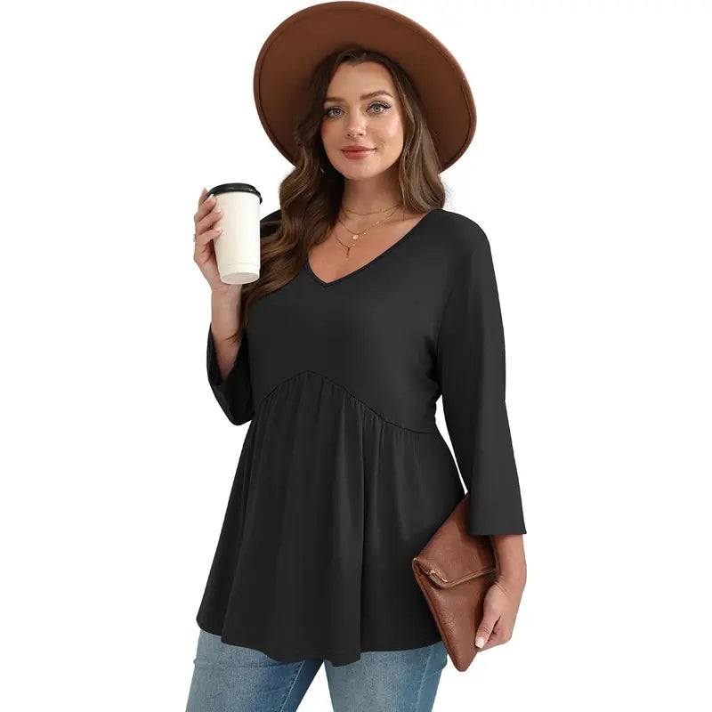 ✨Women's 3/4 Sleeve V-Neck Babydoll Blouse – Loose Fit Dressy Casual Top