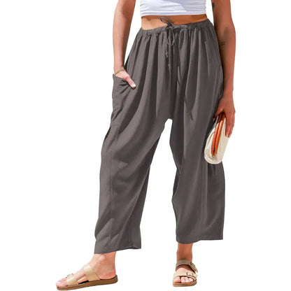 New Hot 2026🔥Women's Linen Wide Leg Pants Casual Loose Drawstring Low Waist with Pockets