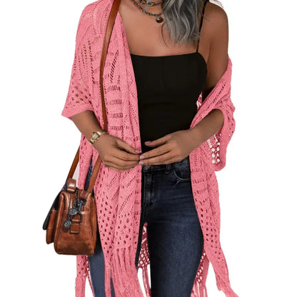 💖Women’s Oversized Knit Cardigan | Open Front Hollow Out Crochet Tassel Lightweight Summer Kimono