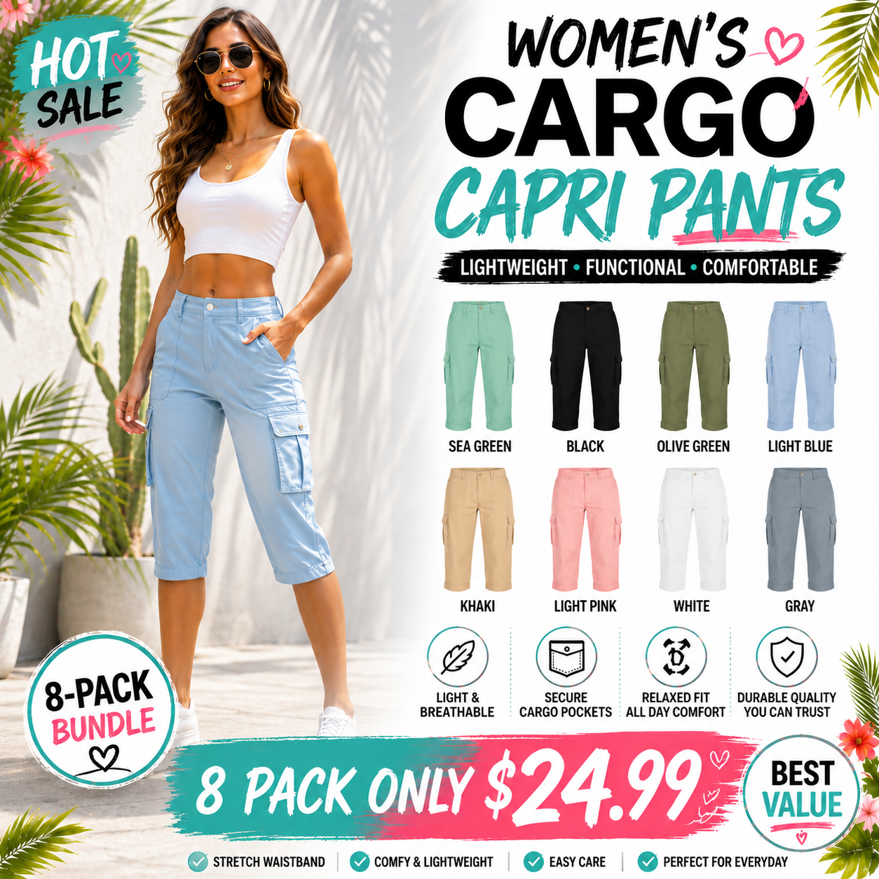🔥Last day promotion🔥Women's Cargo Capris Lightweight Hiking Pants Shorts Cropped Cotton