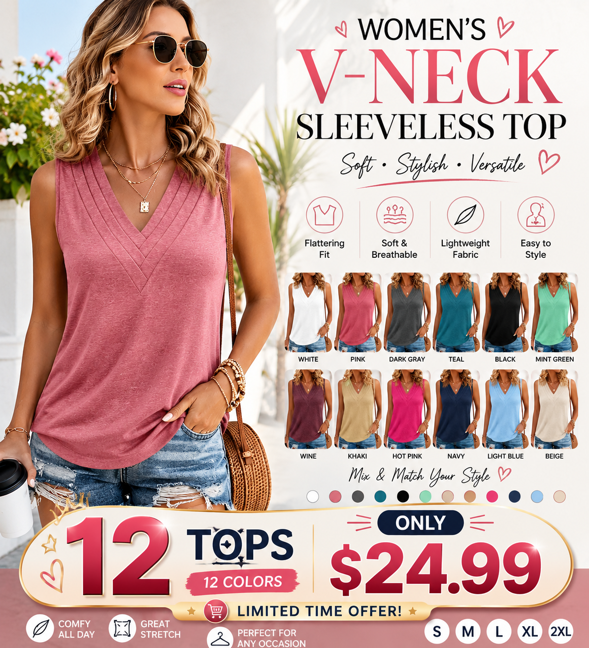 ✨Women's V-Neck Sleeveless Tank Top – Loose Fit, Soft & Breathable Summer Essential