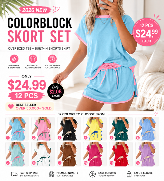 🔥 2026 Viral Colorblock Skort Set – Oversized Tee + Built-In Shorts Skirt
