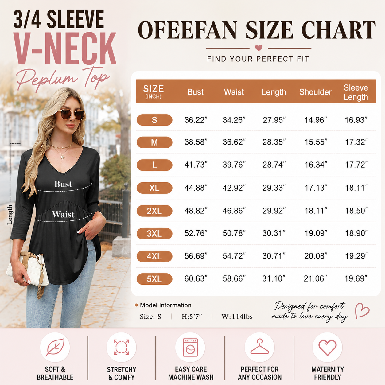 ✨Women's 3/4 Sleeve V-Neck Babydoll Blouse – Loose Fit Dressy Casual Top