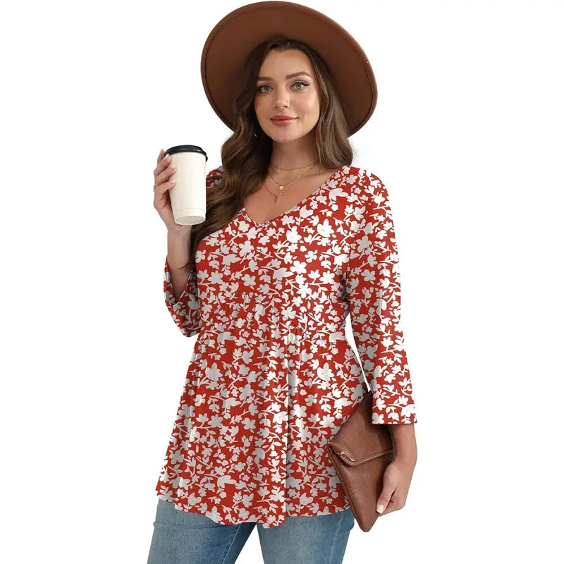 ✨Women's 3/4 Sleeve V-Neck Babydoll Blouse – Loose Fit Dressy Casual Top