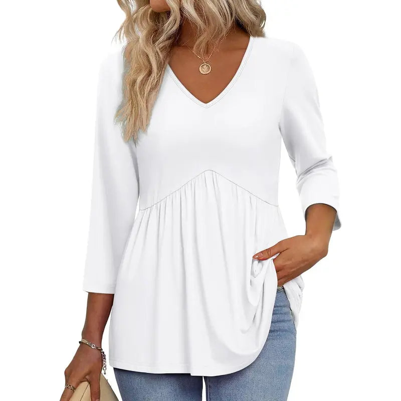 ✨Women's 3/4 Sleeve V-Neck Babydoll Blouse – Loose Fit Dressy Casual Top